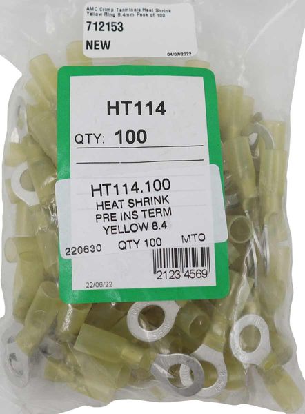 AMC Yellow Heat Shrink Ring Terminal (8.4mm ID / 100 Pack) -