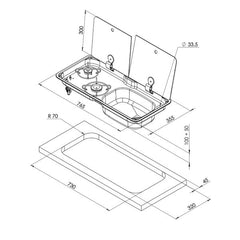 CAN Randi Hob & RH Sink Unit 765 x 355mm (Double Glass Lid / 2 Burners / Piezo)