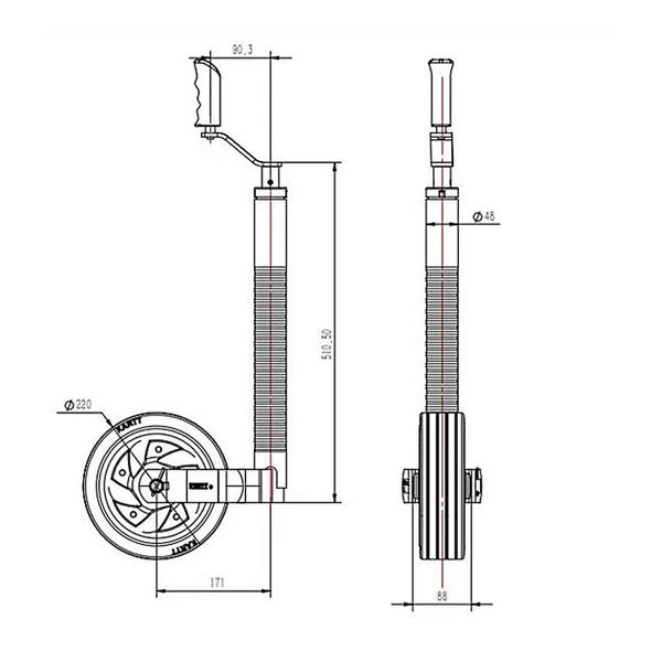 Kartt Ultimate Caravan Jockey Wheel with Turn-Lok (48mm Ribbed Shaft) - KJW4809W